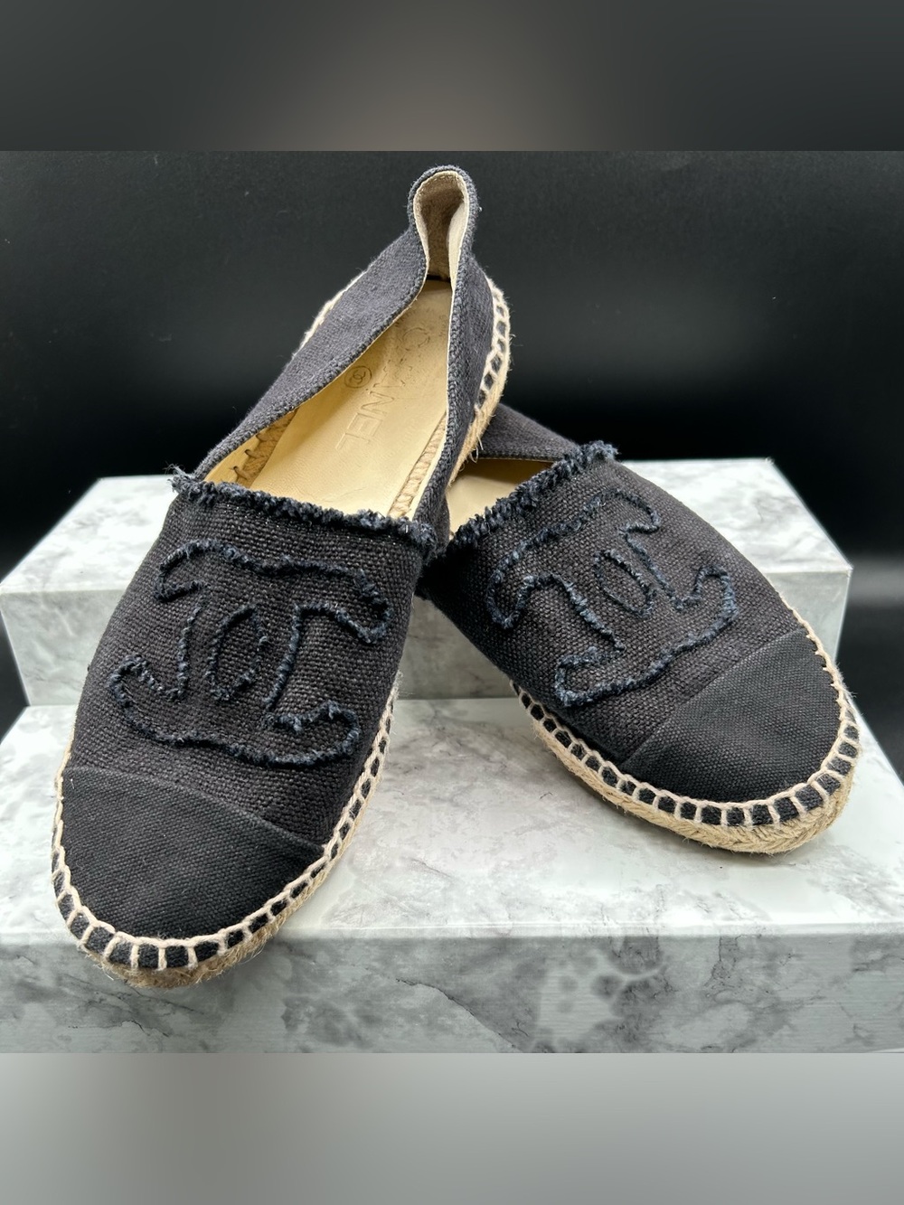 CHANEL CC Canvas Espadrille Linen  Flats Black/Charcoal color. EU Size 39 - Picture 7 of 16
